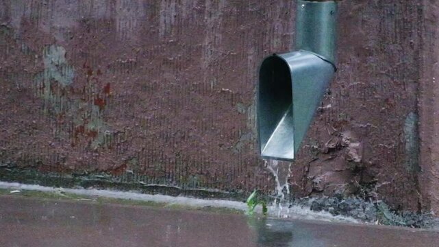A drainpipe during a rainstorm. A large flow of water from a drainpipe on a rainy day