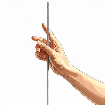 Hand holding thin metal rod against white background