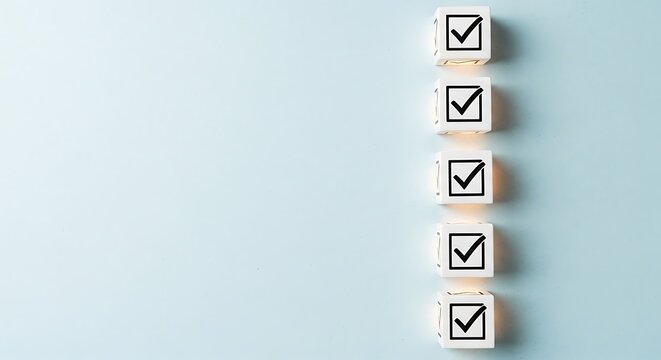 Minimalist checklist concept with five wooden blocks and check marks. Business task completion and survey results on blue background with copy space.