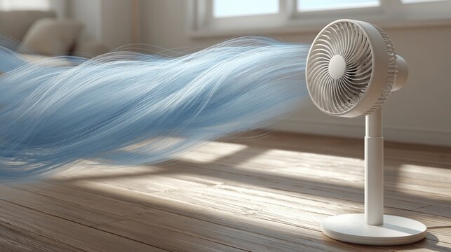 Modern white oscillating floor fan blowing a stream of cool blue air into a sunlit room