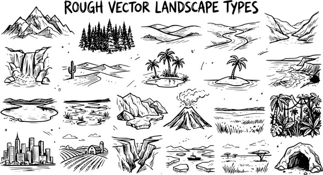 Rough Vector Line Art Landscape Types Illustration Set - Nature and Urban