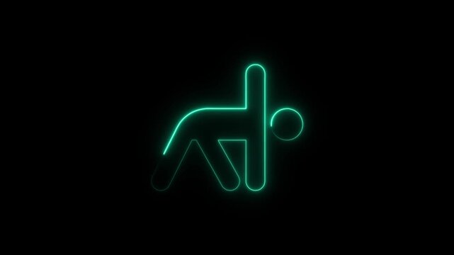 Neon yoga pose animation, glowing cyan fitness symbol on black background, wellness exercise
