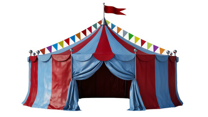 Red and blue striped circus tent with colorful pennant flags and draped entrance © Laura