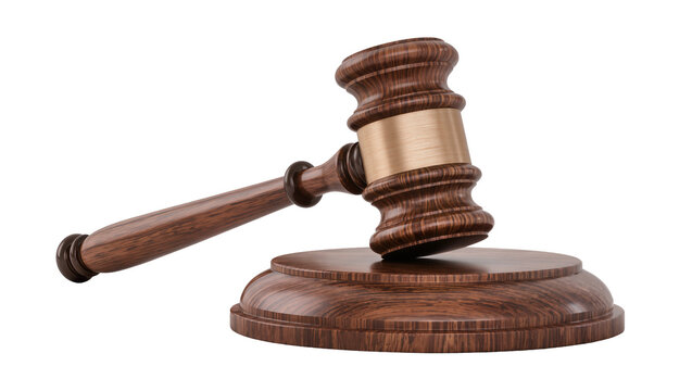 Wooden judge gavel and sounding block with brass band