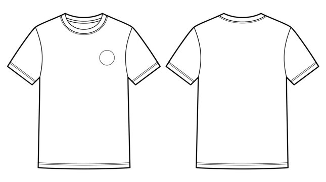 Basic crew neck t-shirt with circle logo flat technical fashion illustration. Tee vector template. front and back view. regular fit. unisex. white color. transparent background. CAD mockup.