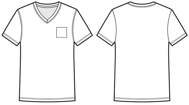 V-neck pocket t-shirt flat technical fashion illustration. V-neckline tee vector template. front and back view. regular fit. unisex. white color. transparent background. CAD mockup.