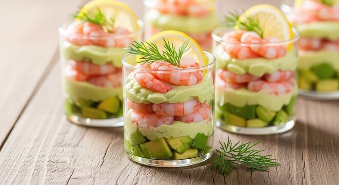 Verrines ap&eacute;ritives de crevettes roses et avocat cr&eacute;meux avec aneth et citron sur une table en bois rustique pour une entr&eacute;e gourmande, macro, &eacute;t&eacute;, fra&icirc;cheur