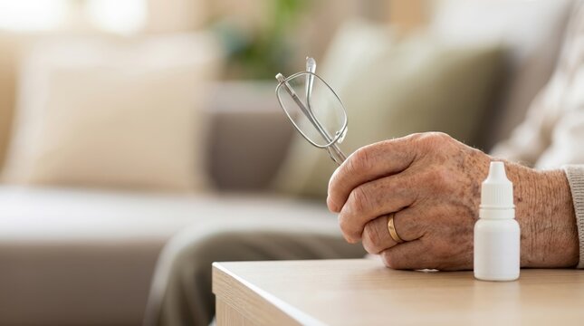 Elderly person holding eyeglasses and eye drops on a table. Senior healthcare and vision care concept