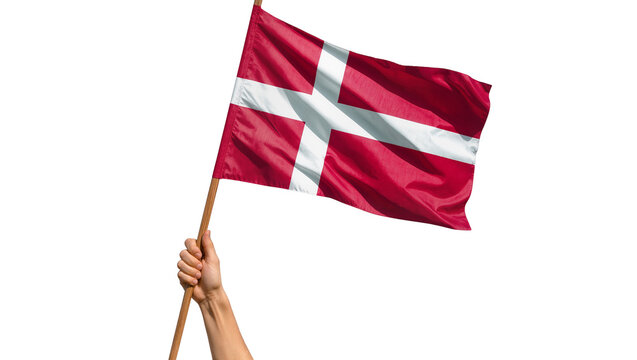 Danish flag waving on wooden pole held by hand
