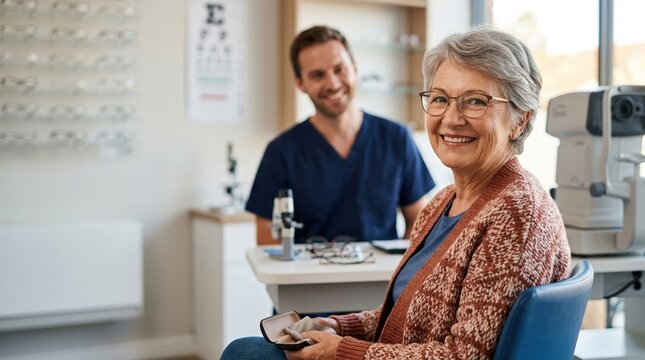 Senior woman smiling at an optometrist office. Happy patient holding glasses case after eye exam. Professional eye care service