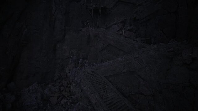Cracked cliff face with vertical striations and mineral veins, deep fissures create dramatic shadows and raw tactile surface, ambient low light