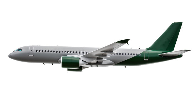 Commercial airplane with gray fuselage and green accents on wings and tail