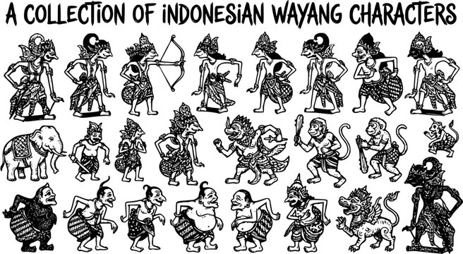 Black and White Line Art Collection of Indonesian Wayang Characters