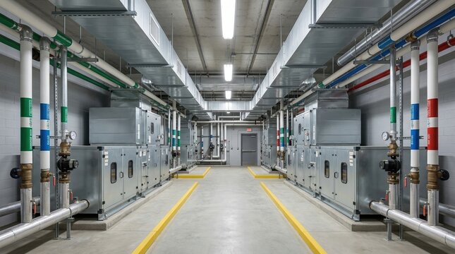 Industrial hvac mechanical room with air handling units. Commercial ventilation system infrastructure in a modern building basement