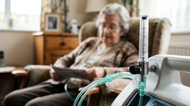 Elderly woman using oxygen concentrator at home. Senior patient with respiratory support equipment in living room