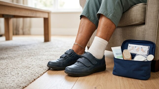 Senior person using foot care kit at home. Elderly individual wearing comfortable orthopedic shoes and socks with moisturizing cream and tools