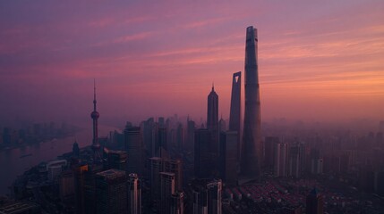 Fototapeta premium Sunrise over a futuristic city skyline with towering skyscrapers and vibrant orange and purple clouds