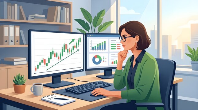 Professional woman with glasses analyzing financial dashboard on dual monitor setup in bright office environment female trader tracking stock market performance and economic growth statistics.