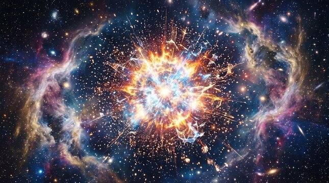 Supernova explosion in deep space. Vibrant cosmic nebula with bright star burst and colorful gas clouds. Astronomy and astrophysics concept