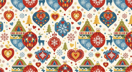 Naklejka premium Nordic Christmas Ornaments Pattern - Festive Holiday Seamless Background