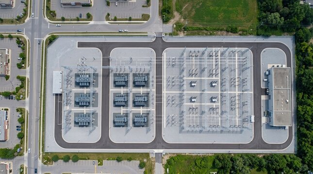 Aerial top view of an electrical substation. High voltage power grid infrastructure with transformers and switchgear. Energy distribution facility from above