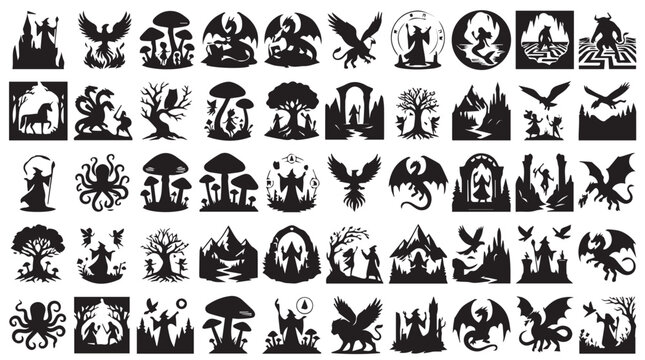 Fantasy silhouette icons set, 50 mystical creature and wizard vector symbols, black mythical dragon and magic forest illustrations for gaming