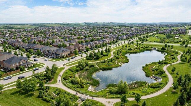Aerial view of a suburban neighborhood with a community park and pond. Residential real estate development with green spaces and walking trails. Drone photography of housing infrastructure