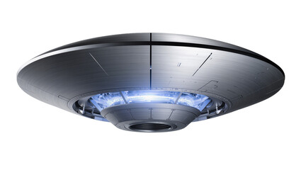 Futuristic metallic flying saucer with glowing blue lights © Laura