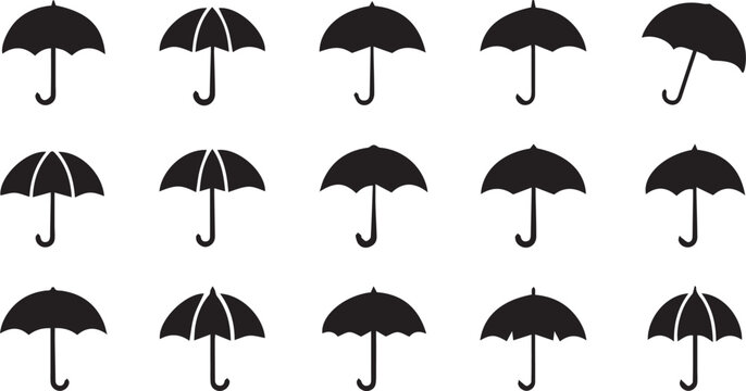 Set of Umbrella Icons Black Silhouette for Rainy Weather Design