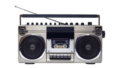 Retro silver boombox with cassette player and antenna © Laura