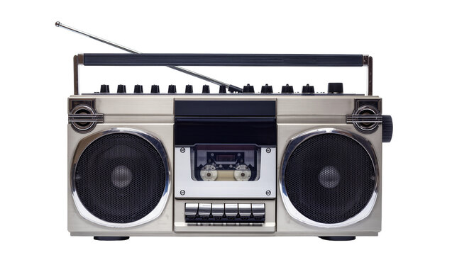 Retro silver boombox with cassette player and antenna