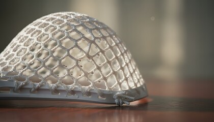 Fototapeta premium Close-up shot of a wet lacrosse stick net with water droplets on a wooden surface, representing hard work, determination and athletic preparation concept