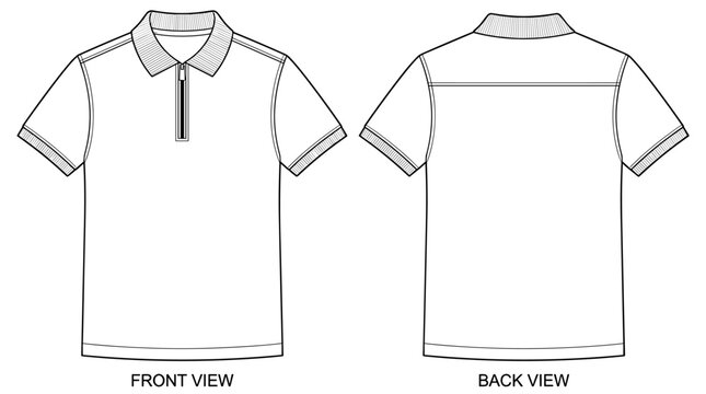Men's zip neck polo shirt technical sketch fashion illustration drawing template mock up with front and back view