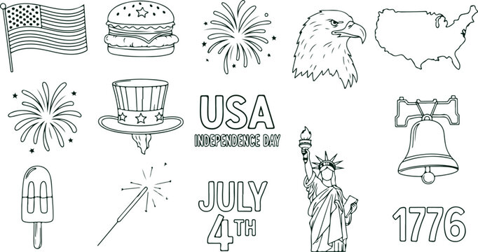 USA Independence Day celebration set with American flag burger fireworks eagle map hat USA July 4th Statue Liberty bell 1776 popsicle.