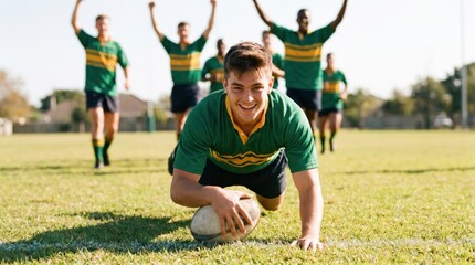 Naklejka premium Joyful Rugby Player Scoring a Try on the Field with Teammates Celebrating in the Background