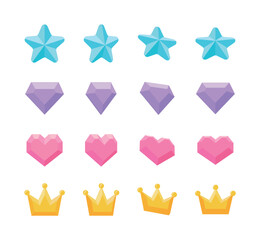 Obraz premium A set of 3D game icons featuring geometric shapes from various angles, such as stars, diamonds, hearts, and crowns. Illustrations suitable for casual mobile game UI and stationery design.