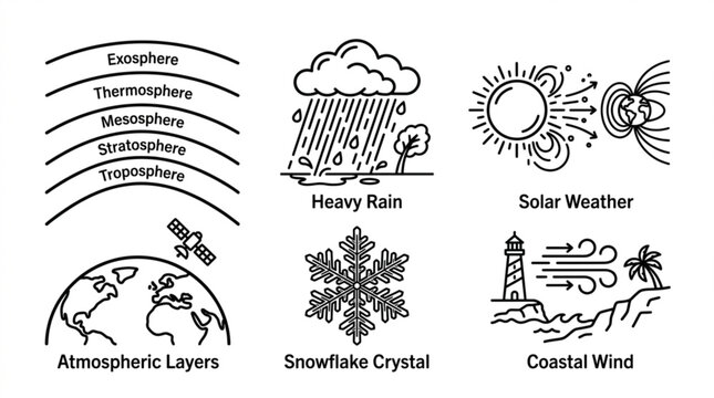 Detailed atmospheric layers and weather icons set featuring solar, rain, snow, and coastal wind