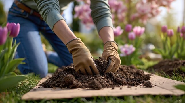 Gardener's Hands Gently Working Rich Soil Among Blooming Spring Tulips and Flowers