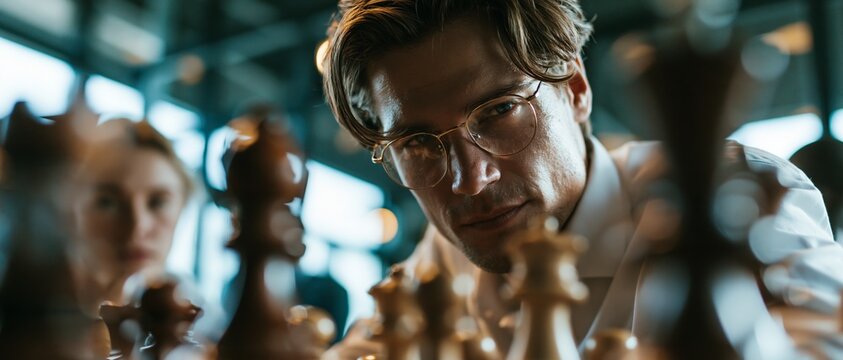 A man wearing glasses stares intently at a chessboard, providing an intellectual backdrop for content on strategy, business and critical thinking.