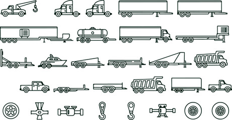 Variety of truck and trailer types: dump trucks, flatbeds, tankers, semitrailers, and pickup trucks with associated mechanical parts and accessories. © Sadhin