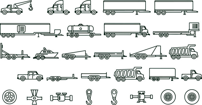 Variety of truck and trailer types: dump trucks, flatbeds, tankers, semitrailers, and pickup trucks with associated mechanical parts and accessories.