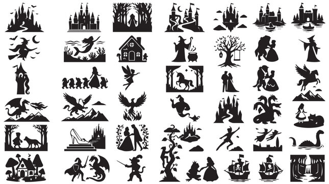 Fairy tale silhouette icons set, fantasy storybook character vector graphics, black mythical creature symbols for children book illustration
