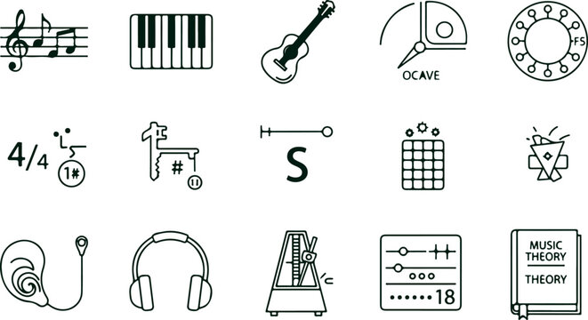 Musical elements and instruments set including sheet music piano guitar octave meter and ear on transparent background.