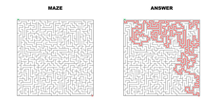 Maze puzzle with solved path illustrated in red on white background  