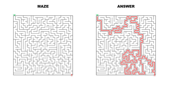 Maze layout with solution path displayed in red lines  