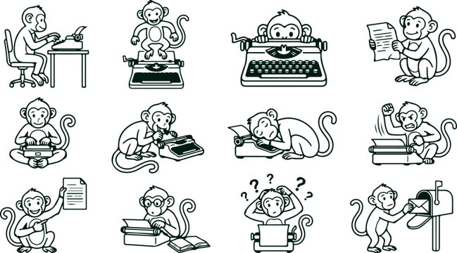 Monkey business with typewriters and books illustrating classic proverb of monkeys writing plays on checkered background.