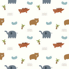 Obraz premium Animal in safari cartoon so cute. On crocodile elephant bear tree swamp background. Pattern seamless vector illustration. 