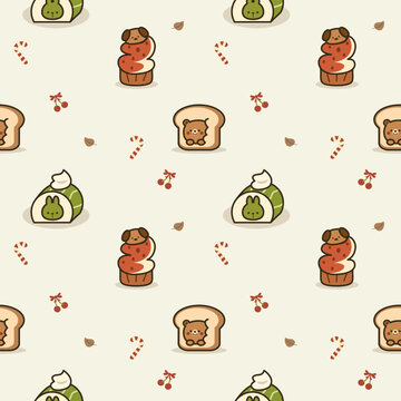 Animal bakery cartoon so cute. On bear rabbit dog bread roll cake cupcake cherry candy cane leaf background. Pattern seamless vector illustration. 