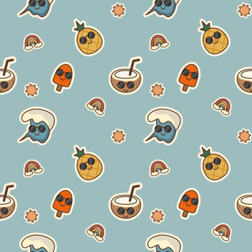 Summer cartoon so cute. On pineapple coconut ice cream wave sun cloud rainbow sunglasses background. Pattern seamless vector illustration. 
