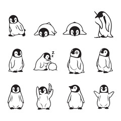 Obraz premium Adorable baby penguins in various playful poses against a clean white backdrop